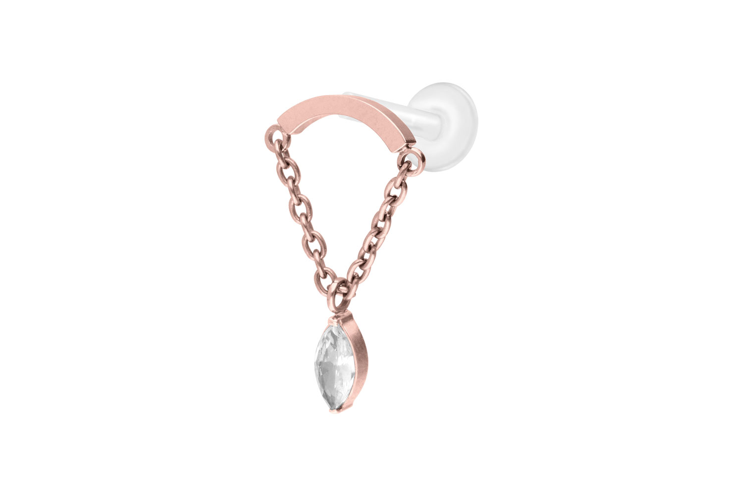 PTFE Labret Piercing mit Innengewinde + Titan-Aufsatz BOGEN + KETTE + KRISTALLTROPFEN